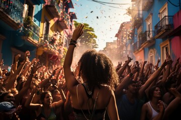 Rio Carnival's lively and colorful street parties with crowds dancing, Generative AI - obrazy, fototapety, plakaty