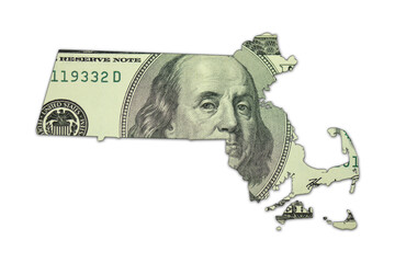 map of massachusetts state on a american dollar money texture on the white background. finance...