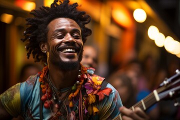 Fototapeta premium Street performer playing lively music during the Rio Carnival street party, Generative AI