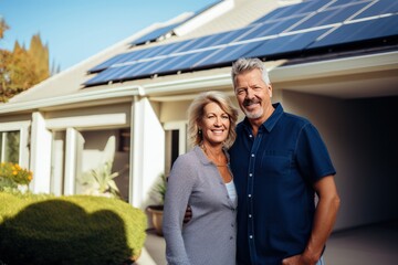 Mature Scandinavian couple standing on front of a house with solar panels on the roof. They smiling and looking at camera. Innovative energy systems to save your money.