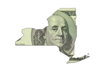 map of new york state on a american dollar money texture on the white background. finance concept.