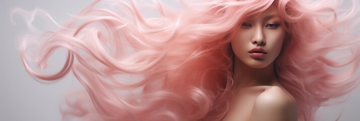 Romantic woman portrait with pastel pink hair on white background, advertising banner