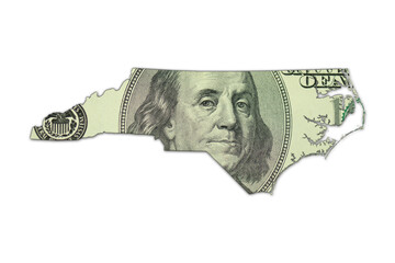 map of north carolina state on a american dollar money texture on the white background. finance concept.