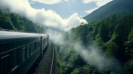 A train traveling through a lush green forest