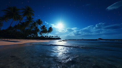 A full moon shines over a beach with palm trees