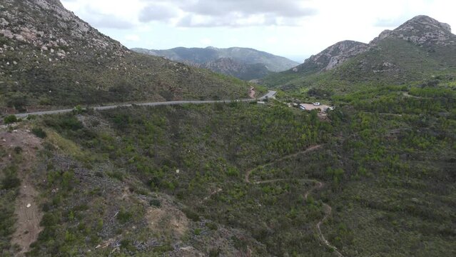 Scenic drone footage of the Coll de Sa Gramola, Mallorca. Fascinating aerial views of landscape, mountains, rocks and seaside.
