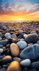 Fototapeta na wymiar A beach covered in lots of rocks under a sunset