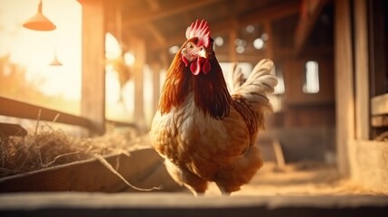 Chicken on blurred wooden barn background. Organic and eco farm concept