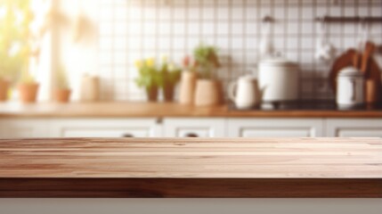 Mock up with an empty wooden table on blurred kitchen background. Backdrop for product presentation or showcase