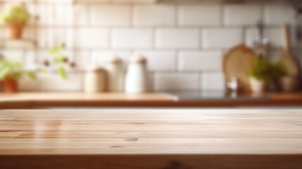 Mock up with an empty wooden table on blurred kitchen background. Backdrop for product presentation or showcase