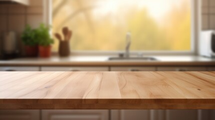 Mock up with an empty wooden table on blurred kitchen background. Backdrop for product presentation or showcase