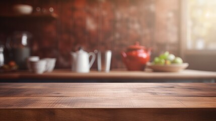 Mock up with an empty wooden table on blurred kitchen background. Backdrop for product presentation or showcase