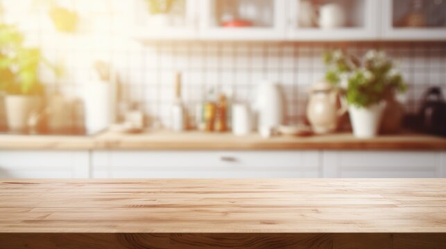 Mock up with an empty wooden table on blurred kitchen background. Backdrop for product presentation or showcase