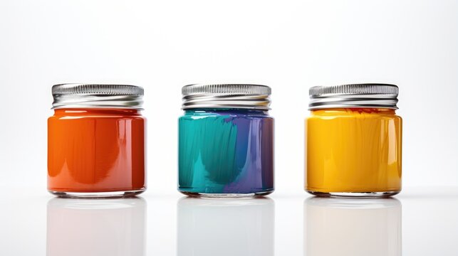 Three glass jars of paint on isolated white background