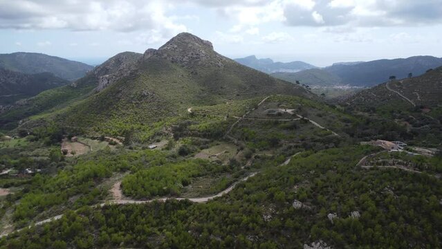 Scenic drone footage of the Coll de Sa Gramola, Mallorca. Fascinating aerial views of landscape, mountains, rocks and seaside.