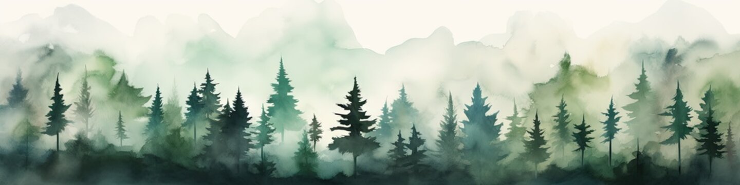Watercolor painting of spruce forest. Coniferous foggy forest illustration. Fir or pine trees for Christmas design. Misty winter abstract background, holiday background