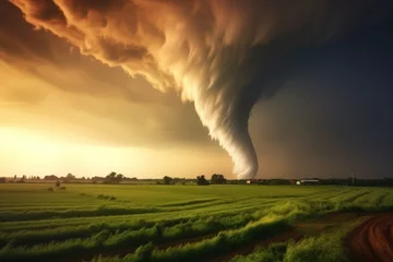 Fotobehang Natural disaster concept. Tornado raging over a landscape. Storm over cornfield. Super cell wall cloud moving over the rural landscape during severe storm tornado warning. © Stavros