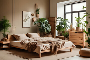 Cozy sustainable bedroom in natural colors with wooden cabinet furniture, hanging lamp, stylish interior and plants. Eco friendly home interior