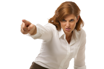Femme désignant de façon autoritaire vers l'avant avec son doigt accusateur