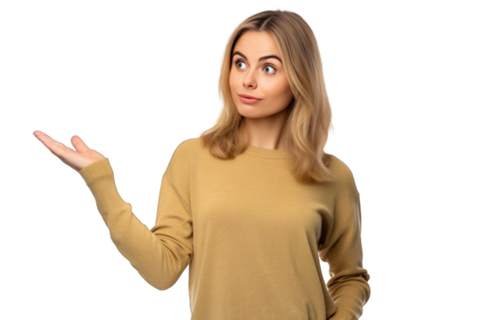 jeune femme montrant une direction, un objet (ajouter du contenu) sur un fond transparent pour un concept commercial