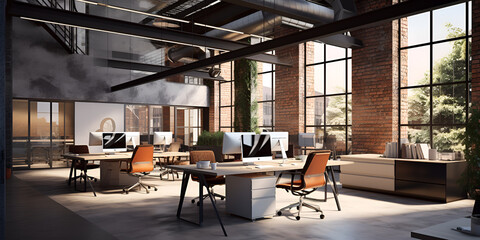 Fototapeta na wymiar Modern Office Interior with Loft Vibes , Contemporary Workspace in Loft Office Ai Generative