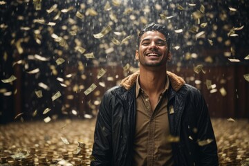 A successful businessman smiles and laughs into the camera under the dollar rain. Wealth, money, business, youth, concepts