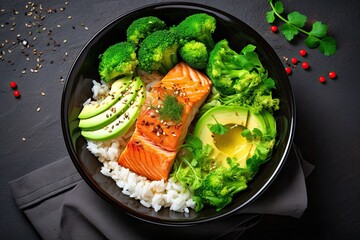 Salmon avocado bowl with broccoli, green peas, rice and fresh salad