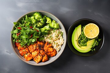 Salmon avocado bowl with broccoli, green peas, rice and fresh salad - Powered by Adobe