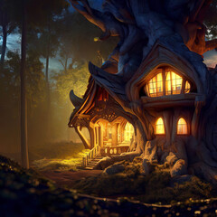 Fantasy house in forest, fairytale home in tree trunk at night, Surreal mystical fantasy artwork. Generative AI