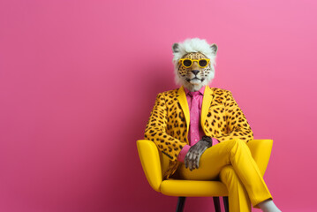 Fashionable leopard with modern hairstyle in yellow suit sitting in chair. Cheerful animals as a human. Abstract scene with casual wild animal.