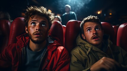 Theatrical Delight: Two Men Absorbed in Cinematic Experience - obrazy, fototapety, plakaty