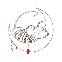 Cute mouse. Rat. A mouse in a knitted sweater. Chinese symbol. Design element for greeting cards, posters, gift tags for Christmas and New Year. Vector illustration. Flat design. Hand-drawn.