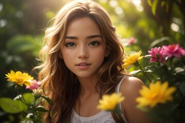 Naklejka premium Cheerful Brunette Woman with Long Hair Enjoying Summer Sunlight Amidst Yellow Flowers