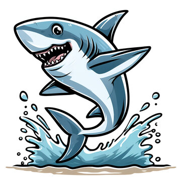 Cartoon of Shortfin  Mako, Blue Pointer, Bonito Mackerel Predatory Shark Jumping out of the Water Showing Teeth and Pointed Snout Tropical Temperate Ocean Sea. One of the Fastest Creatures on Earth