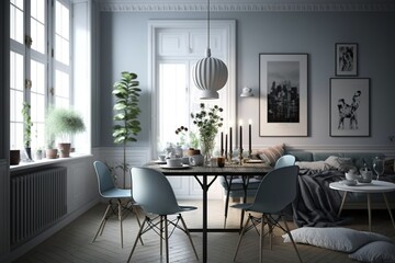 Kitchen design, kitchen table, supper on the table, digital art style, illustration painting