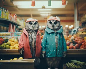 Two owls standing and wearing casual clothes in a grocery store. Animal birds looking to buy some fresh fruits or vegetables in supermarket.