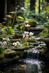  Spa's waterfall feature in a tranquil garden, creating a soothing atmosphere, Generative AI