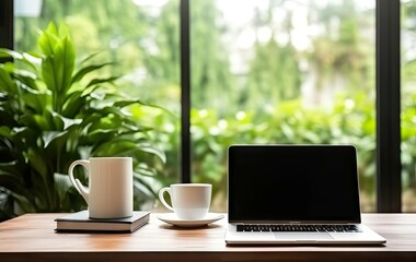Sleek workspace. Modern office with greenery. Digital haven. Stylish desk setup with laptop....