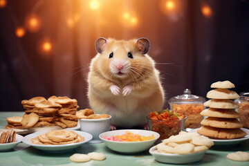 Hamster on the table surrounded by various delicious food. Generative AI