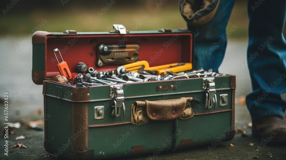 Leinwandbilder A person with a toolbox, representing practical problem-solving skills and tools