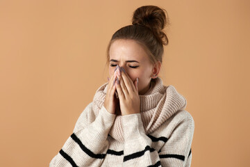 woman in sweater suffering from fever and flu - obrazy, fototapety, plakaty