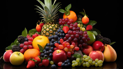 Naklejka na ściany i meble Various types of mixed fruits on a black background