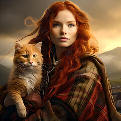 Scottish woman with orange cat Scotland landscape