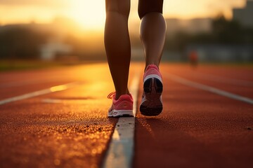A woman running on a track, up close, an athletic track, a person ready to start a race
