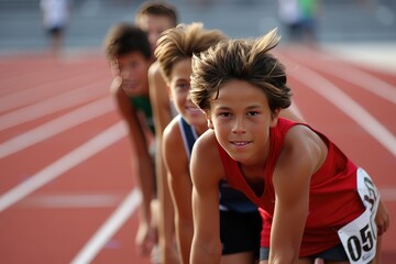 School students racing on a track in an elementary school athletic competition. - obrazy, fototapety, plakaty