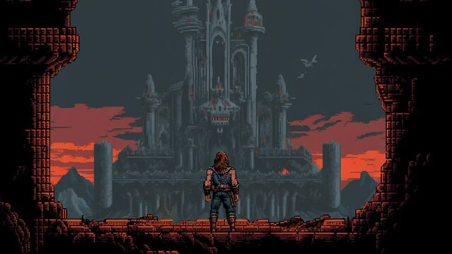 An Young Warrior Standing on the ruin watching Vampire  Castle in 8 Bit Style suitabel for Pixel Art game mock up