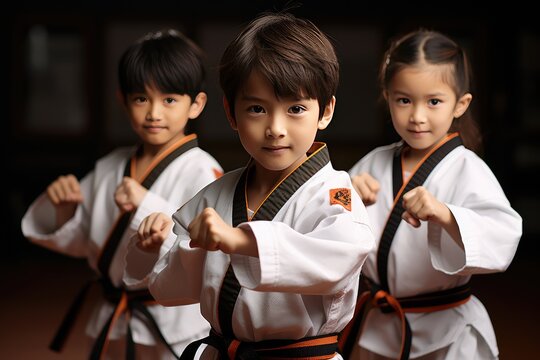 Asian kids karate martial arts. Taekwondo, karate, judo