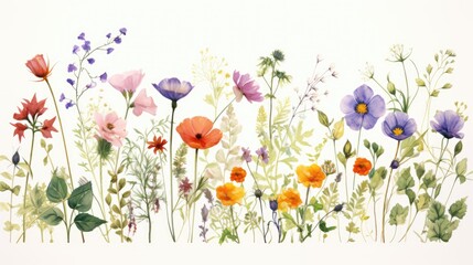 Many types of flowers arranged on a white background, watercolor