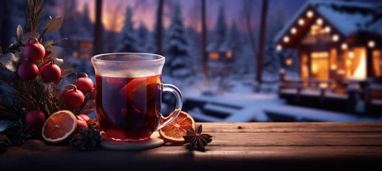 Fotobehang Banner with aromatic hot mulled wine in glass cap with spices and citrus fruit on a table. Snow and lights. Concept of festive atmosphere and cozy winter mood. Traditional hot Christmas drink © ratatosk