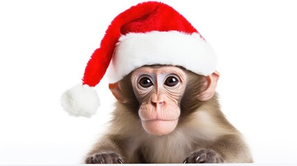Monkey wearing a Santa hat white background
